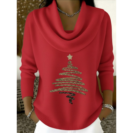 Women Christmas Printing Spring/Fall Casual Long Sleeve Cowl Neck Sweater