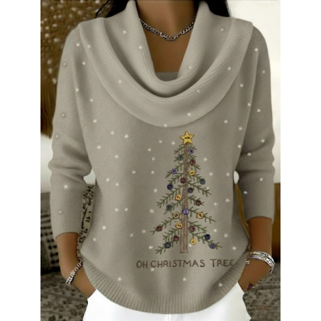 Women Christmas Printing Spring/Fall Casual Long Sleeve Cowl Neck Sweater