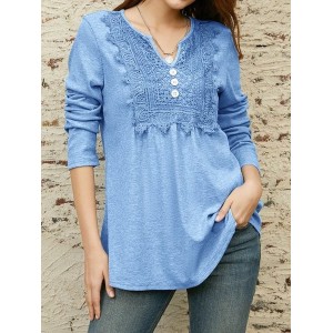 Lace Notched Casual Loose Ruched Blouse