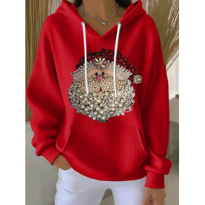 Women Santa Claus Spring/Fall Printing Long Sleeve Casual Daily Hoodie