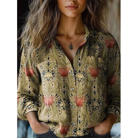 Women Floral Print Long Sleeve Shirt Spring/Fall Shawl Collar Casual Vintage Top