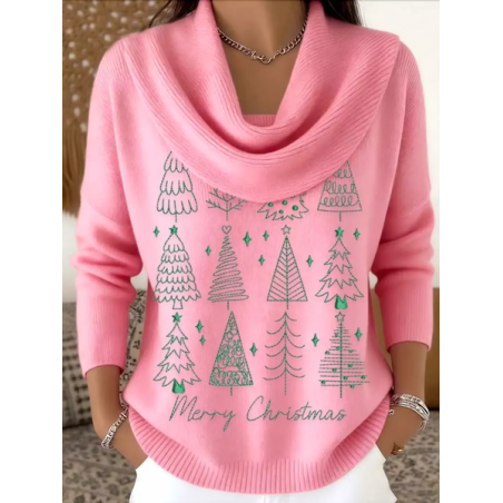 Women Christmas Printing Spring/Fall Casual Long Sleeve Cowl Neck Sweater