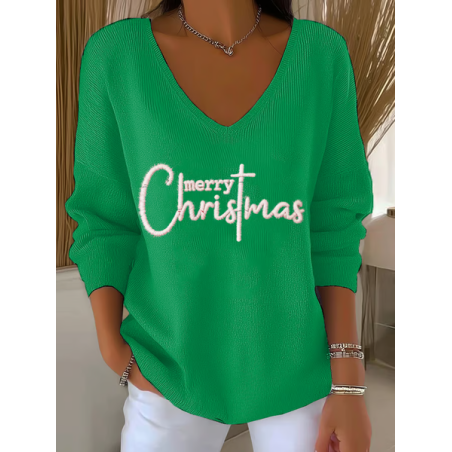 Women Christmas Long Sleeve Tee T-shirt V Neck Printing Casual Spring/Fall Top