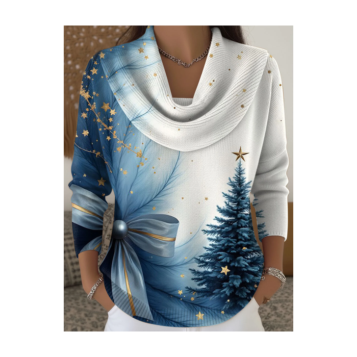 Women Christmas Printing Spring/Fall Casual Long Sleeve Cowl Neck Sweater