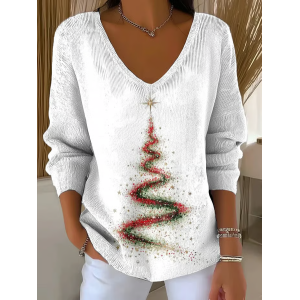 Women Christmas Long Sleeve Tee T-shirt V Neck Printing Casual Spring/Fall Top