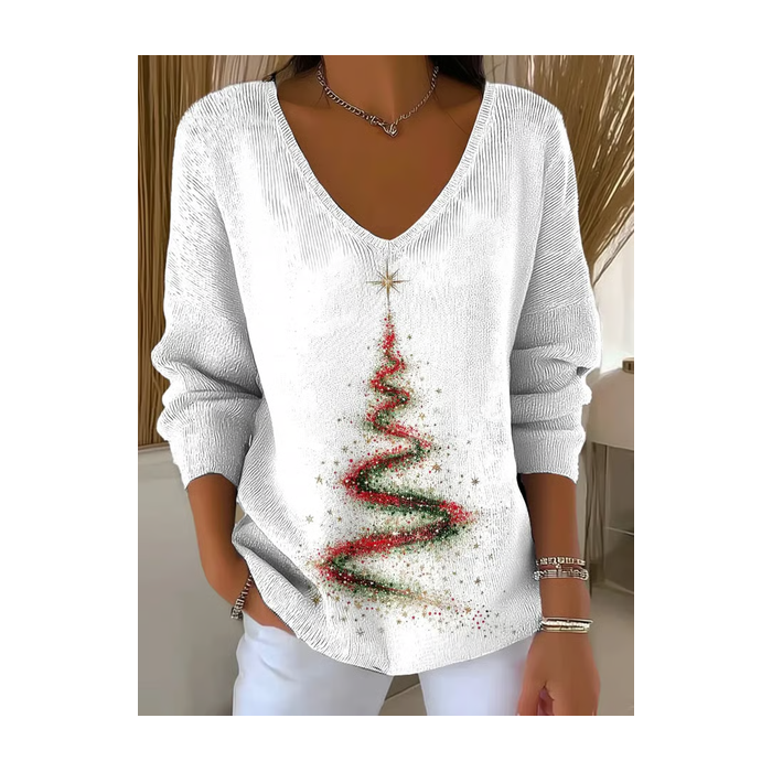 Women Christmas Long Sleeve Tee T-shirt V Neck Printing Casual Spring/Fall Top