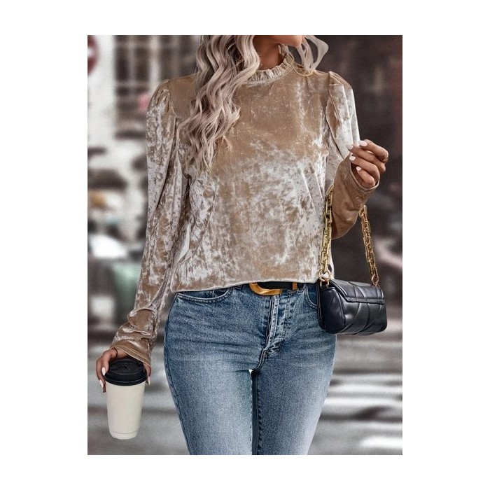 Women Plain Long Sleeve Tee T-shirt Crew Neck Split Joint Vintage Spring/Fall Top