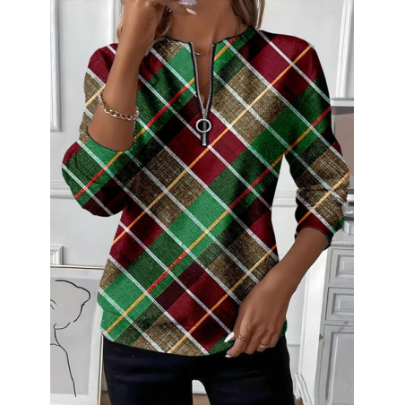 Women Plaid Crew Neck Printing Casual Spring/Fall Long Sleeve Sweatshirt