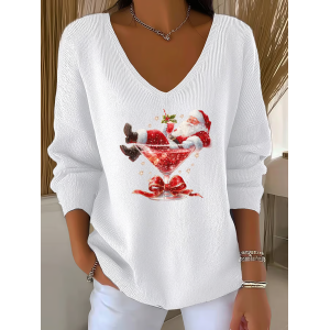 Women Santa Claus Long Sleeve Tee T-shirt V Neck Printing Casual Spring/Fall Top