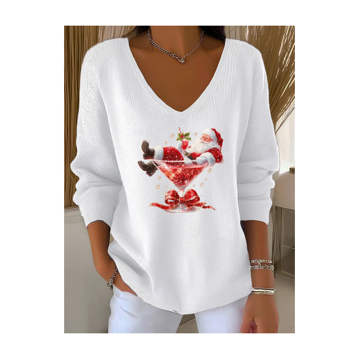 Women Santa Claus Long Sleeve Tee T-shirt V Neck Printing Casual Spring/Fall Top