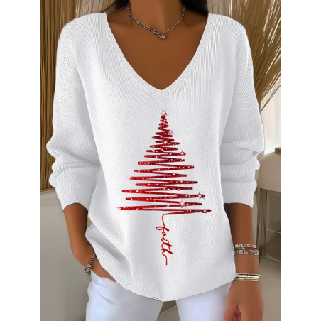 Women Christmas Long Sleeve Tee T-shirt V Neck Printing Casual Spring/Fall Top