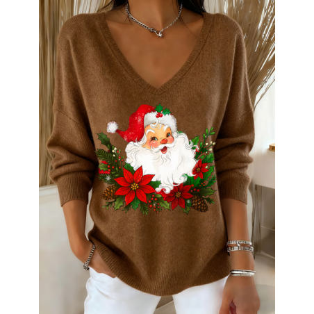 Women Santa Claus Long Sleeve Tee T-shirt V Neck Printing Casual Spring/Fall Top