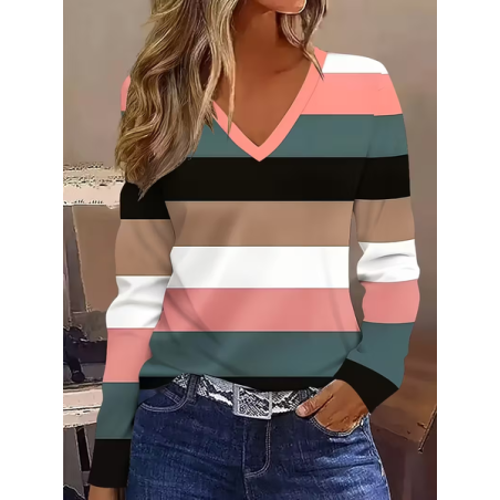 Women Striped Long Sleeve Tee T-shirt V Neck Printing Casual Spring/Fall Graphic Tee Top