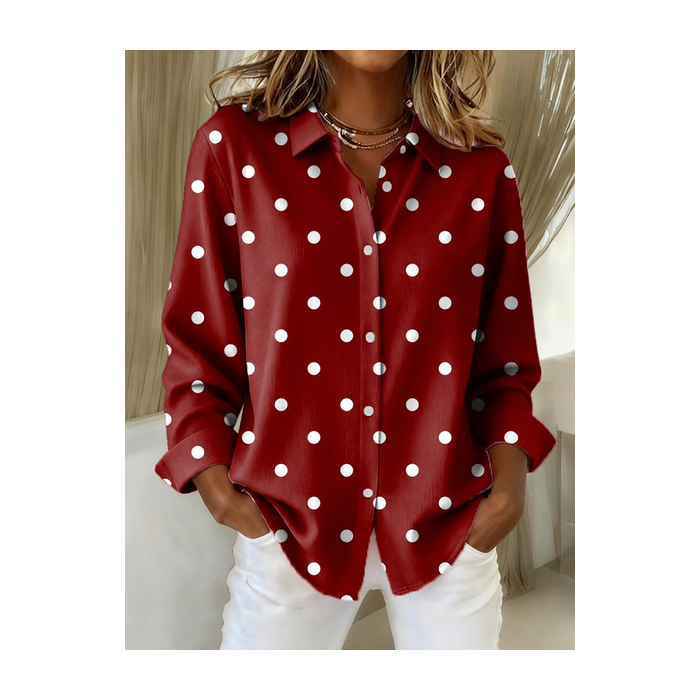 Women Polka Dots Long Sleeve Shirt Spring/Fall Buckle Shirt Collar Regular Sleeve Daily Casual Top