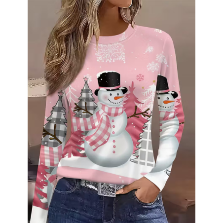 Women Christmas Snowman Long Sleeve Tee T-shirt Crew Neck Printing Casual Spring/Fall Graphic Tee Top