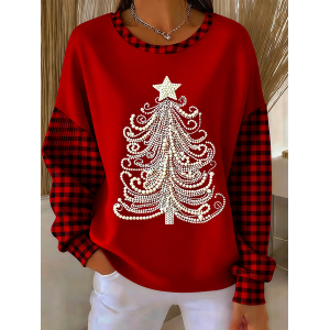 Women Plaid Crew Neck Printing Casual Spring/Fall Long Sleeve Sweatshirt