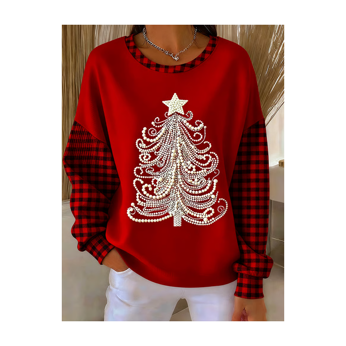 Women Plaid Crew Neck Printing Casual Spring/Fall Long Sleeve Sweatshirt