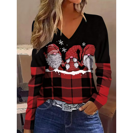 Women Plaid Long Sleeve Tee T-shirt V Neck Printing Casual Spring/Fall Graphic Tee Top