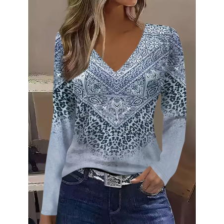 Women Abstract Long Sleeve Tee T-shirt V Neck Printing Casual Spring/Fall Graphic Tee Top