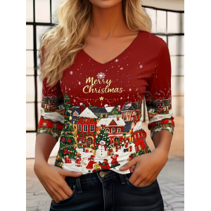 Women Christmas Snowman Long Sleeve Tee T-shirt V Neck Printing Casual Spring/Fall Graphic Tee Top