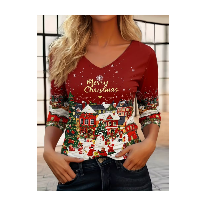 Women Christmas Snowman Long Sleeve Tee T-shirt V Neck Printing Casual Spring/Fall Graphic Tee Top