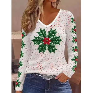 Women Christmas Long Sleeve Tee T-shirt V Neck Printing Casual Spring/Fall Graphic Tee Top