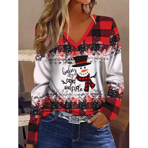 Women Christmas Snowman Long Sleeve Tee T-shirt V Neck Printing Casual Spring/Fall Graphic Tee Top