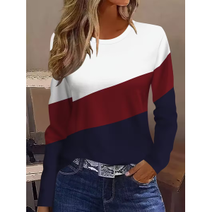 Women Multicolor Block Long Sleeve Tee T-shirt Crew Neck Printing Casual Spring/Fall Graphic Tee Top