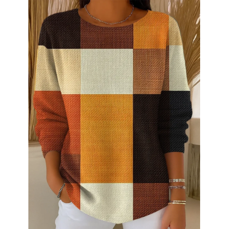 Women Multicolor Block Printing Spring/Fall Casual Long Sleeve Crew Neck Sweater
