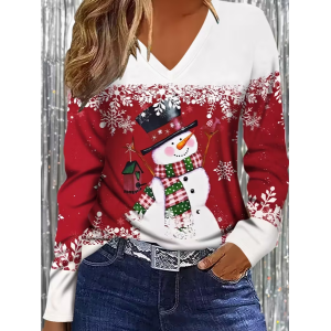 Women Christmas Snowman Long Sleeve Tee T-shirt V Neck Printing Casual Spring/Fall Graphic Tee Top