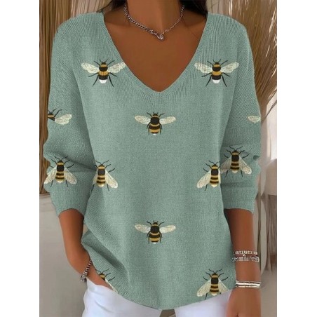 Women Animal Spring/Fall Casual Long Sleeve V Neck Cotton Sweater