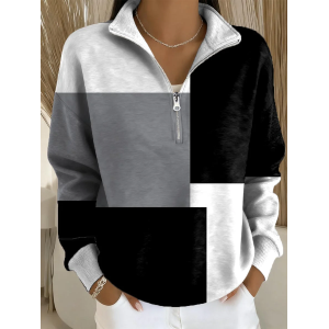 Women Multicolor Block Shawl Collar Printing Casual Spring/Fall Long Sleeve Sweatshirt