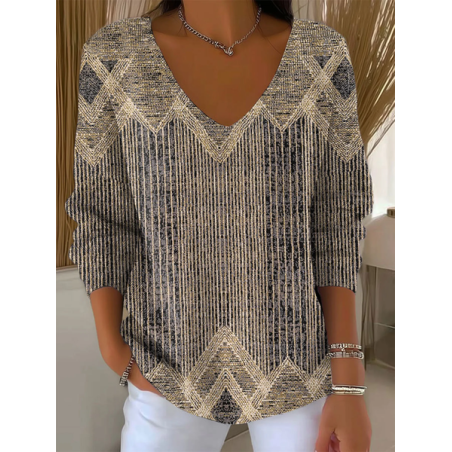 Women Abstract Long Sleeve Tee T-shirt V Neck Printing Casual Spring/Fall Top