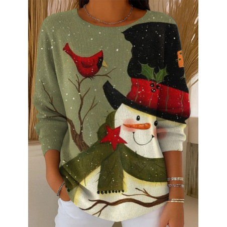 Women Christmas Snowman Printing Spring/Fall Casual Long Sleeve Crew Neck Sweater