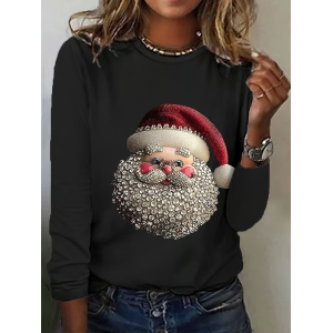 Women Santa Claus Long Sleeve Tee T-shirt Crew Neck Printing Casual Spring/Fall Graphic Tee Top