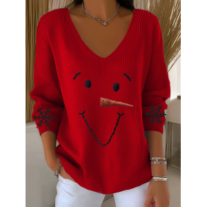 Women Christmas Snowman Long Sleeve Tee T-shirt V Neck Printing Casual Spring/Fall Top