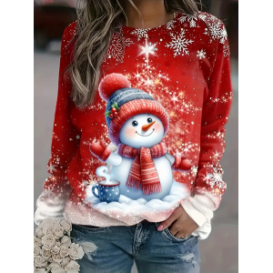 Women Christmas Snowman Long Sleeve Tee T-shirt Crew Neck Printing Casual Spring/Fall Graphic Tee Top