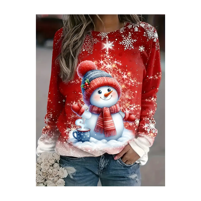 Women Christmas Snowman Long Sleeve Tee T-shirt Crew Neck Printing Casual Spring/Fall Graphic Tee Top