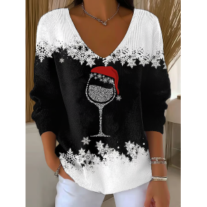 Women Christmas Long Sleeve Tee T-shirt V Neck Printing Casual Spring/Fall Top