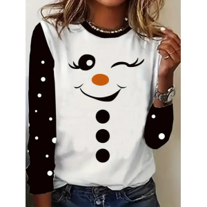 Women Christmas Snowman Long Sleeve Tee T-shirt Crew Neck Printing Casual Spring/Fall Graphic Tee Top