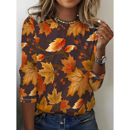 Women Maple Leaf Long Sleeve Tee T-shirt Crew Neck Printing Casual Spring/Fall Graphic Tee Top