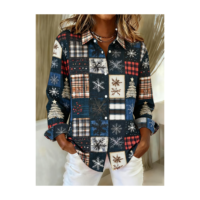 Women Christmas Long Sleeve Shirt Spring/Fall Buckle Shirt Collar Regular Sleeve Daily Casual Top