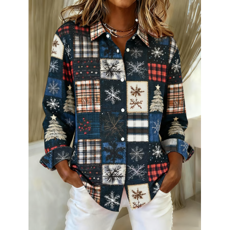Women Christmas Long Sleeve Shirt Spring/Fall Buckle Shirt Collar Regular Sleeve Daily Casual Top