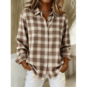 Women Plaid Long Sleeve Shirt Spring/Fall Buckle Shirt Collar Regular Sleeve Daily Casual Top