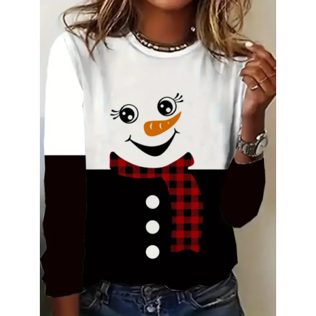 Women Christmas Snowman Long Sleeve Tee T-shirt Crew Neck Printing Casual Spring/Fall Graphic Tee Top