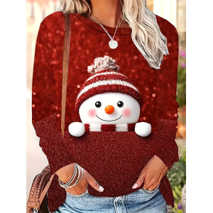 Women Christmas Snowman Long Sleeve Tee T-shirt Crew Neck Printing Casual Spring/Fall Graphic Tee Top