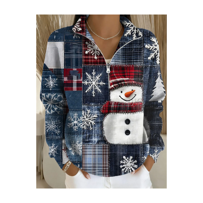 Women Christmas Snowman Shawl Collar Printing Casual Spring/Fall Long Sleeve Sweatshirt