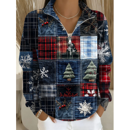 Women Christmas Shawl Collar Printing Casual Spring/Fall Long Sleeve Sweatshirt
