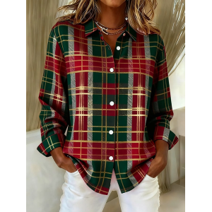 Women Plaid Long Sleeve Shirt Spring/Fall Buckle Shirt Collar Regular Sleeve Daily Casual Top