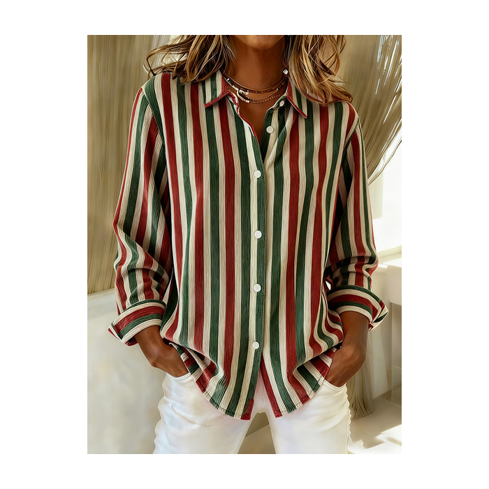 Women Striped Long Sleeve Shirt Spring/Fall Buckle Shirt Collar Regular Sleeve Daily Casual Top